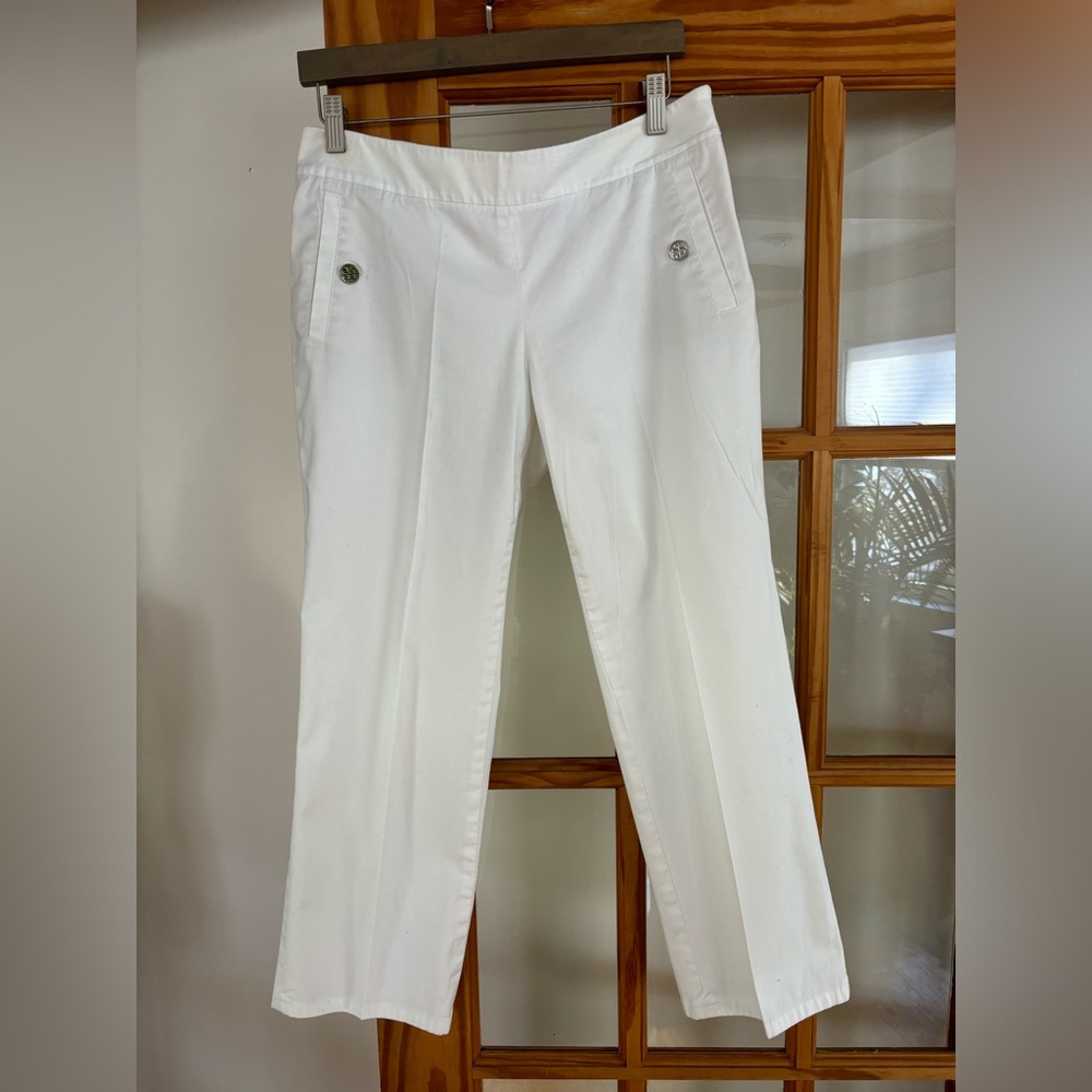 Tory Burch White Mid Rise Flat Front Side Zip Stretch Cotton Crop Trouser Size 8